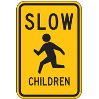 Aluminum sign, 0.08 in thick, with High-Intensity Prismatic retroreflective sheeting. Nominal size 24 in x 18 in. Used to alert drivers in areas where children may be present, such as residential streets, school zones, and parks