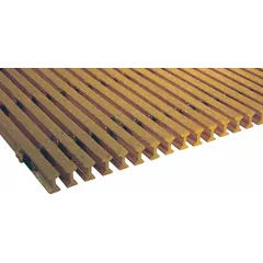 This flame-resistant structural grating is pultruded fiberglass, type ISOFR, with a nominal size of 5 ft x 10 ft (WxL). It is used for industrial flooring, walkways, and platforms where corrosion resistance and flame resistance are required.