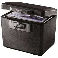 Free-standing security safe with 0.61 cu ft capacity, constructed of steel and fire rated for flame/fire resistance. Measures 13 5/8 in H x 15 1/4 in W x 12 1/8 in D. Suitable for protecting documents and valuables in home or office environments where fire protection is required.