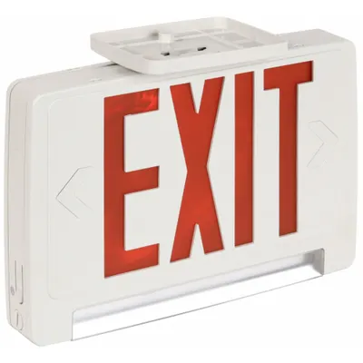 LITHONIA LIGHTING Exit Sign with Emergency Lights: White, 1 or 2 Faces, Red, LED, Ceiling/Wall - Plastic Exit Signs with Linear Bottom-Mount Light Bars