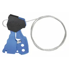 This squeeze-handle cable lockout includes a 6 ft galvanized steel cable with a silver finish and a blue nylon body. It is used for lockout/tagout procedures to isolate energy sources on valves, circuit breakers, and other equipment, providing a portable and adjustable locking solution.