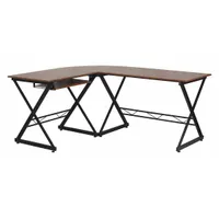 This L-shaped office desk from FLASH FURNITURE features a wood grain laminate desktop and a black metal frame. With an overall width of 87 inches, it provides a spacious work surface suitable for corner placements in office or home-office settings. The desk includes no drawers or pedestals and does not come with a modesty panel