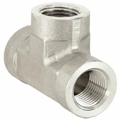 Steel hydraulic hose adapter configured as a rigid tee with three 1/2-inch NPTF female connections. Enables branch-line distribution in NPTF hydraulic systems, allowing flow splitting or multiple line connections at a single junction.