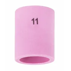 Gas lens nozzle made of alumina, size No. 11, standard type. Used in TIG welding to improve shielding gas coverage and reduce turbulence, suitable for industrial welding applications requiring precise gas flow control.