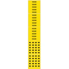 Yellow adhesive pipe markers with black legend text reading 'Vacuum'. Each set includes 3 markers without arrows, designed for pipes with outer diameter of 3/4 inch or smaller. Used to identify vacuum lines in industrial piping systems for clear visual indication.