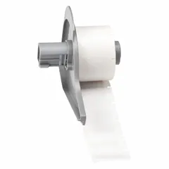 Precut wraparound label roll for cable and wire identification. Self-extinguishing vinyl material provides flame resistance for use in electrical and industrial environments. White matte finish ensures legibility. Compatible with M710 printer series using M7-R4300 ribbon.