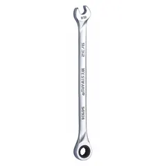 This SAE 12-point ratcheting combination wrench is constructed from alloy steel with a chrome finish. It features a 9/32 in head size and an overall length of 5 7/8 in. Designed for general fastening and loosening of hex fasteners in maintenance, assembly, and repair tasks.