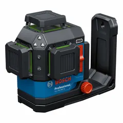 This green-beam plane laser projects three planes (horizontal and vertical) for alignment and leveling tasks. It features pendulum self-leveling with ±1/8 in @ 30 ft accuracy and operates on an 18V lithium-ion battery. The laser has a working range of 100–200 ft without a detector and includes a target for alignment. Typical applications include installing cabinets, drop ceilings, and wall partitions.