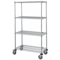 This mobile wire shelving unit is constructed of stainless steel with a silver finish, featuring four shelves and four swivel casters with polyurethane tread. Designed for dry environments, it is suitable for organized storage in industrial settings such as clean rooms, labs, and light manufacturing where hygiene and mobility are required