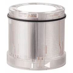 Flashing light module for the KombiSIGN 72 series. Operates at 24V DC with a clear lens. Overall diameter 70 mm, overall height 66 mm. Used in industrial control panels and automation systems for visual signaling of machine status or alarms.