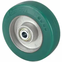 This polyurethane tread on aluminum core wheel has a 4 7/8 in diameter and 1 5/8 in width, with a green tread color. It is suited for standard industrial caster applications such as carts, racks, and light-duty material handling equipment, providing stable rolling on smooth floors while protecting surfaces from marking