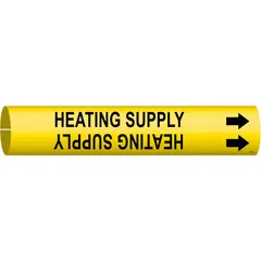Snap-on pipe marker for identifying heating supply lines. Yellow background with black legend and directional arrows. Fits pipe outer diameters from 1-1/2 to 2-3/8 inches. Single marker included.