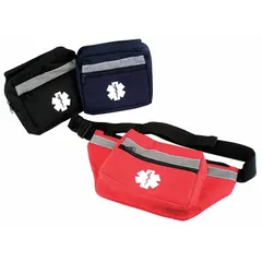 Blue polyester fanny pack with zipper closure. Adjustable waist belt fits 11-20 in, 21-30 in, 0-10 in, and 30+ in. Designed for hands-free carrying of medical supplies during clinical rounds, emergency response, or fieldwork.