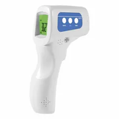 Non-contact infrared thermometer for forehead temperature measurement. Provides readout in 1 second, with switchable °C/°F display. Suitable for rapid body temperature screening in industrial, healthcare, and facility settings.