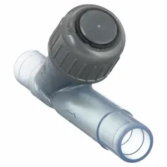 Y-style piston check valve with PVC body and spigot x spigot connections for 3/4 in pipe. Prevents backflow in piping systems. Suitable for water, chemical, and process lines requiring flow direction control.