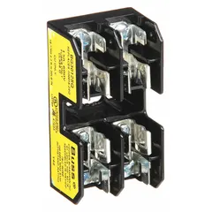 This BUSSMANN fuse block is a 2-pole, 600 V AC open block designed for UL Class G fuses. It features quick-connect/screw terminals and a non-indicating design. Typical applications include industrial control panels, HVAC equipment, and machinery where overcurrent protection in branch circuits is required.