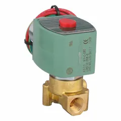 This REDHAT solenoid valve is a 2-way, 2-position normally closed high-flow valve with a 1/4 in pipe size and 240V AC coil (also rated 220V AC). It is used for on/off control of fluid flow in applications such as water, air, and light oil systems where reliable shut-off is required when de-energized.