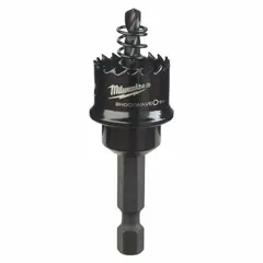 Bi-metal hole saw with attached arbor designed for cutting sheet metal. Features 8 teeth per inch and a maximum cutting depth of 1/8 in. Suitable for cutting clean holes in thin metals such as electrical enclosures, ductwork, and metal fabrication.