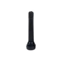 Snap-in tire valve stem with L-shape and 180° stem angle for standard bore rims. Constructed of black rubber with 0.305-32 thread size. Used for tire inflation and pressure monitoring on automobiles