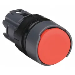 Momentary-action flush push button from the SCHNEIDER XB6 series. Features a red non-metallic button with a 16 mm mounting size for flush panel installation. Suitable for industrial control panel applications requiring compact, flush-mounted operators.