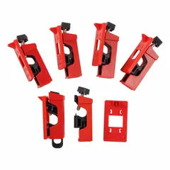 Clamp-on lockout device for circuit breakers rated 120/277V AC. Sold in a 6-pack for lockout/tagout procedures. Secures the breaker toggle to prevent accidental re-energization during maintenance. Does not include a cable tie slot.