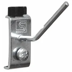 Steel toolholder with zinc-plated silver finish for organizing wrenches on square-hole pegboard. Features five hooks and a screw-in locking system for secure mounting. Includes bolts for surface installation.