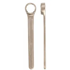 This nonsparking box end wrench is designed for use in hazardous environments where sparking tools are prohibited. It features a 2-1/2 in SAE 12-point head, standard length, and 0° head offset angle. Suitable for maintenance and assembly tasks in oil refineries, chemical plants, and gas facilities.