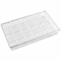 This clear plastic compartmented box features 18 fixed compartments, each measuring 2-1/16 in x 1-9/16 in. It is not electrostatic discharge conductive. Suitable for organizing small parts such as fasteners and components in workshops, labs, or assembly areas.