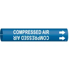 Blue snap-on pipe marker with white legend reading 'Compressed Air' and directional arrows. Fits pipe outer diameters from 2-1/2 to 3-7/8 inches. Used to identify compressed air lines in industrial piping systems for safety and maintenance.