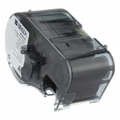 Precut label roll cartridge for BMP51 printer series. Contains 1 in polyester labels with black-on-white printing. Combines label and ribbon in one unit for easy installation. Used for industrial identification, cable marking, and asset labeling.