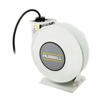 Hardwired self-retracting cord reel with ratchet lock mechanism. Includes 45 ft of 6 AWG SOW cable in white, terminated with bare wire. Rated for 600V AC. Suitable for overhead or wall-mounted installations requiring retractable power delivery