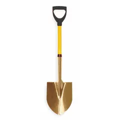 Round point shovel with a gold aluminum-bronze alloy blade and a yellow D-grip handle. The blade material provides non-sparking properties suitable for use in environments where spark prevention is important. Typical applications include digging and moving materials in areas with flammable gases, dust, or vapors.