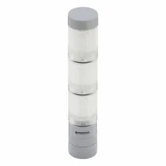 Three-tier tower light assembly with green, red, and yellow light tiers for visual status indication. No sounder tier. Overall height 214 mm. Operating voltage 24V AC/DC. Suitable for industrial machinery and process monitoring.