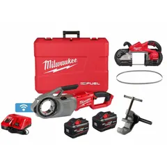 This combination kit includes an M18 FUEL™ pipe threader and a portable band saw, both powered by an 18 V DC cordless system. Designed for on-site pipe threading and cutting in plumbing, mechanical contracting, and industrial maintenance. Kit includes models 2874-22HD, 2929-20, and 48-39-0601.