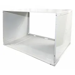 Steel wall sleeve for through-the-wall air conditioner installations. Includes front and rear cover panels for a finished appearance. Suitable for use in residential and commercial walls to provide a secure enclosure for the air conditioner unit.