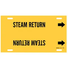 Yellow pipe marker with black legend reading 'Steam Return' and directional arrows. Fits pipe outer diameters from 6 to 7-7/8 inches. Used to identify steam return lines in industrial piping systems, aiding in clear pipe labeling and flow direction indication.