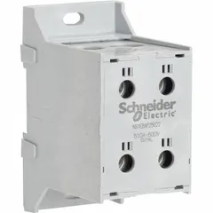 Surface-mount enclosed power distribution block with finger-safe design. Provides lug-to-lug connections for aluminum conductors. Used in electrical panels and enclosures for distributing power from a single input to multiple outputs.