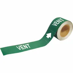 Green adhesive pipe markers on a roll, each with green 'Vent' legend and directional arrows. Designed for pipe outer diameters from 2-1/2 to 6 inches. Each roll contains 25 markers for labeling vent pipes in industrial facilities.