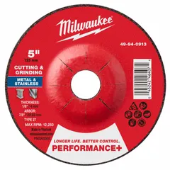 Type 27 combination wheel for cutting and grinding on carbon and stainless steel. Features a 5" diameter, 1/8" thickness, 7/8" arbor hole, 24 grit zirconia alumina construction. Suitable for heavy material removal and finishing tasks in fabrication and metalworking applications.