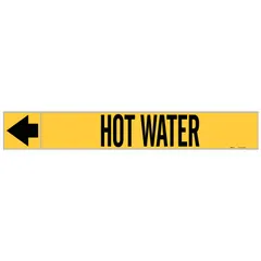 Adhesive pipe markers on a roll for identifying hot water piping systems. Yellow background with black legend and directional arrows. Each marker fits pipe outer diameters of 1-1/2 to 2 inches. Supplied in rolls of 25 markers.