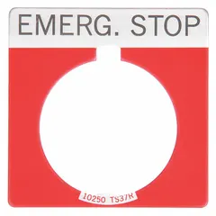 Square legend plate for 30 mm panel-mounting push-button operators. Red metallic aluminum construction with white 'Emergency Stop' legend. Overall dimensions 1 3/4 in height and width. Includes alignment notch for proper orientation.