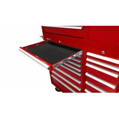 Solid polyester tool drawer liner in black, 24 7/8 inches wide. Provides a non-slip surface to protect tool chest drawers and prevent tools from sliding. Suitable for use in industrial workshops, maintenance facilities, and automotive garages for organizing and cushioning stored equipment.