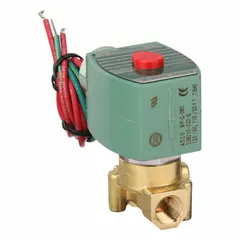 This REDHAT solenoid valve is a 2-way, 2-position normally closed type designed for high-flow applications. It has a 1/4 in pipe size and operates on 110V AC voltage. The coil enclosure is without a junction box. Typical uses include on/off control of water, air, and light oil in industrial fluid systems.