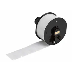 Vinyl wraparound label for wire, cable, and small cylindrical surface identification. Measures 1 1/4 in x 1 in. Color options: Blue on White, Green on White, Red on White. Compatible with Wraptor A6200 printer series; requires A62-R4300 ribbon.
