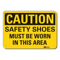 Aluminum caution sign with engineer-grade retroreflective surface for low-light visibility. Features mounting holes for permanent installation. Indicates mandatory safety shoe use in areas requiring foot protection