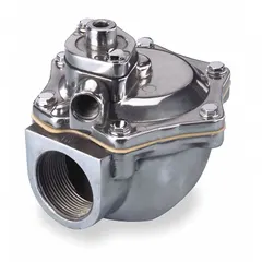 This 2-way/2-position normally closed solenoid valve features an aluminum body and 1 in nominal pipe size. It is designed for dust collector applications, controlling air flow to cleaning systems in industrial environments.