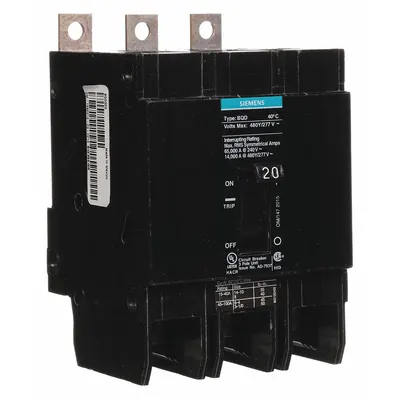 SIEMENS Miniature Circuit Breaker: 20 A Amps, 480V AC, 3 Poles - BQD Series, Bolt-On Siemens Miniature Circuit Breakers