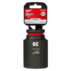 This 3/4" drive impact socket features a 39 mm metric, 6-point, deep profile with friction retention. The black phosphate finish provides corrosion resistance. Designed for use with impact tools in industrial fastening applications such as heavy equipment assembly and maintenance.