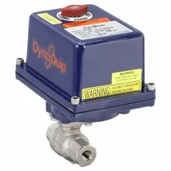 This electrically-actuated two-way ball valve features a stainless steel body with FNPT x FNPT connections. The actuator includes thermal overload protection and is mounted on an ISO 5211 pad. Suitable for automated on/off flow control in industrial fluid systems handling water, oil, or gas.