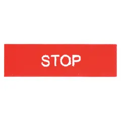 Rectangular non-metallic legend plate for 22 mm panel mounting. Overall height 3/8 in, overall width 1 1/8 in. Red background with white English text reading 'Stop'. Used to label push-button stations in industrial control panels.